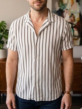 Burton White Button-Down Shirt with Brown Stripe Pattern